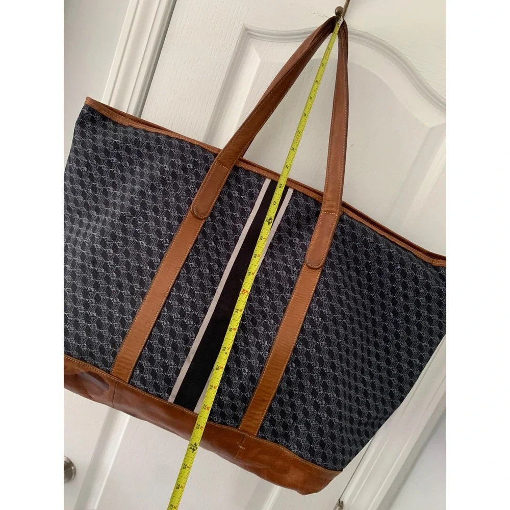 Barrington Geometric Cube Print Canvas Tote Bag Leather Trim Navy Racing Large